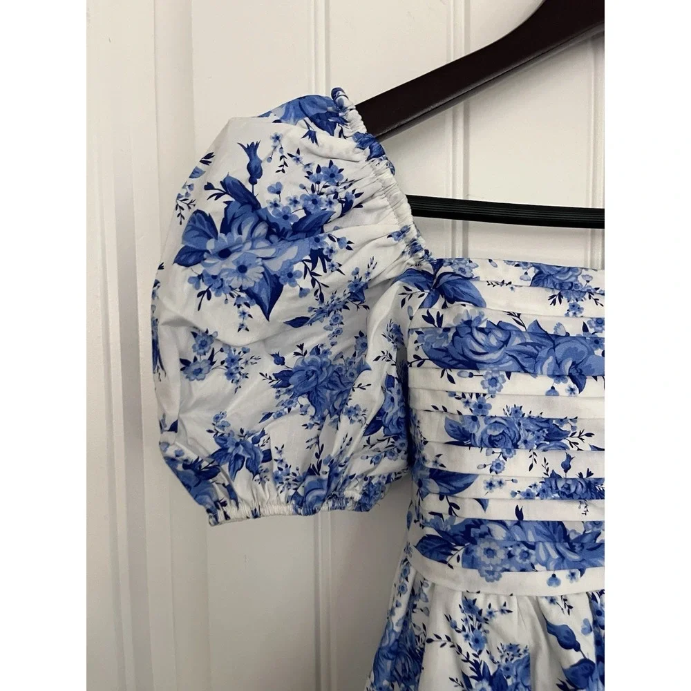 Rare Editions Girls 12 Blue Floral Dress Empire Waist Knee Puff Sleeves 587